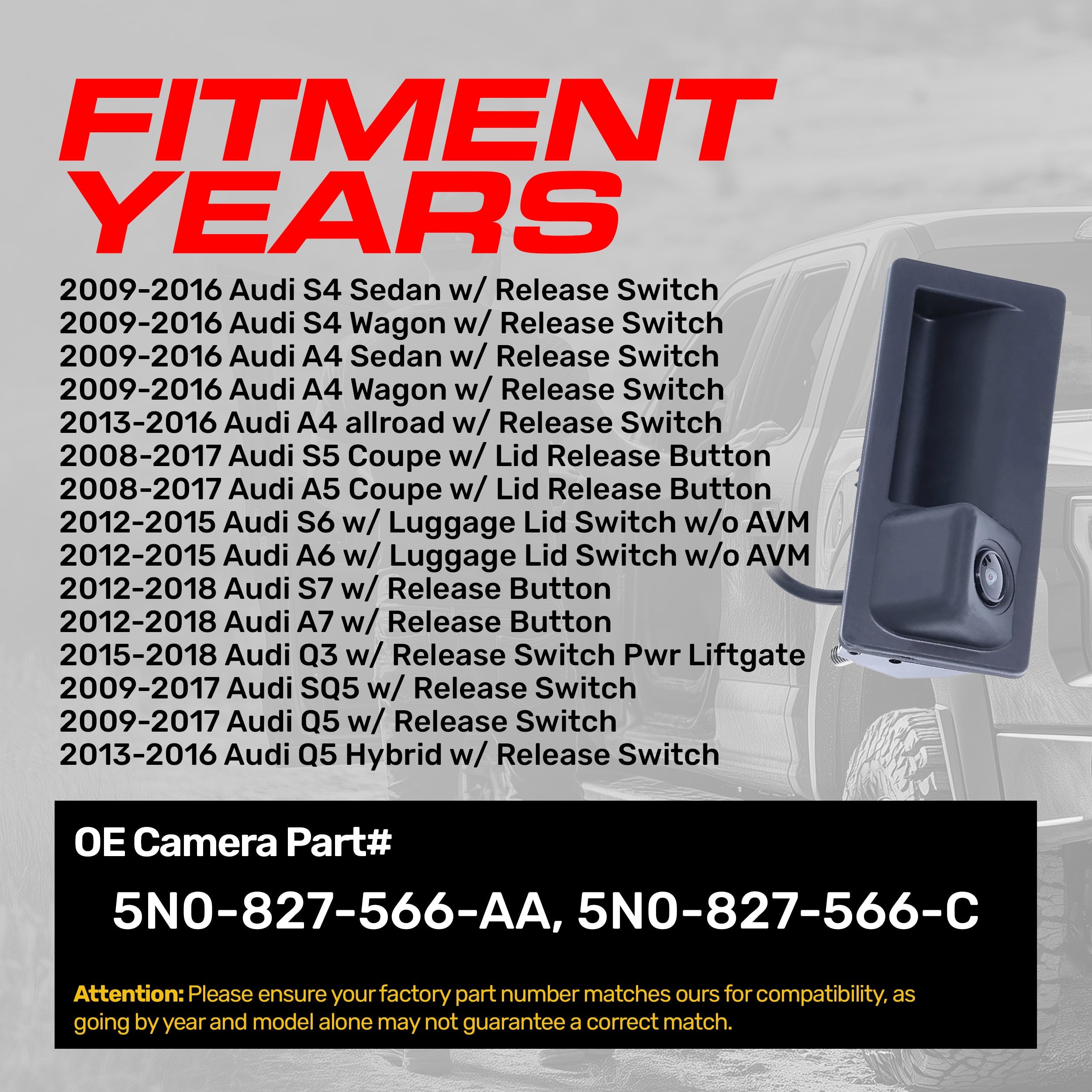 Audi A4/S4 (2009-2016), A5/S5 (2008-2017), A6/S6 (2012-2015), A7/S7 (2012-2018), Q3 (2015-2018), Q5/SQ5 (2009-2017) OEM Replacement Backup Camera OE Part # 5N0-827-566-AA, 5N0-827-566-C