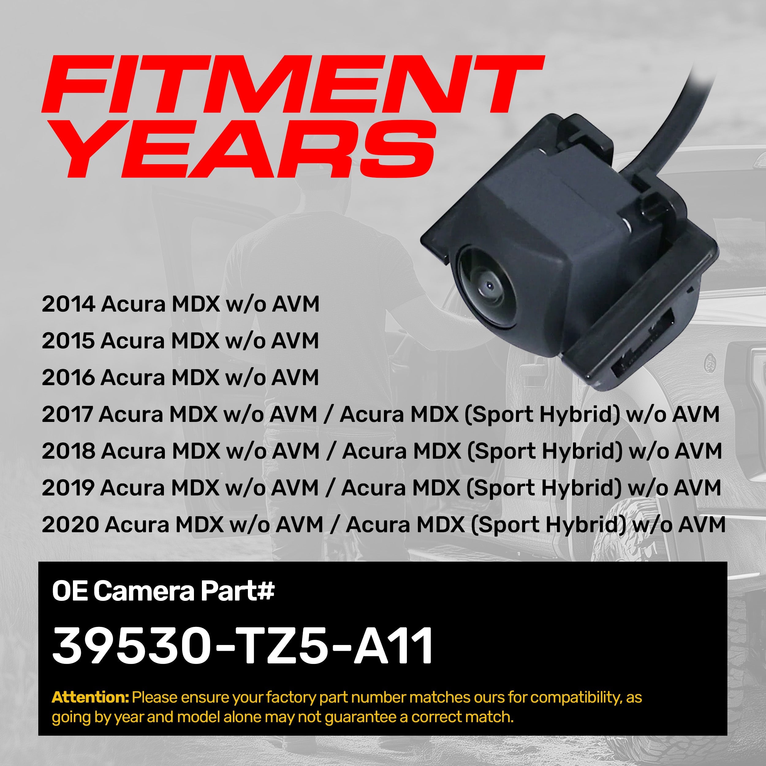 Acura MDX w/o AVM (2014-2020), MDX Sport Hybrid w/o AVM (2017-2020) OEM Replacement Backup Camera OE Part # 39530-TZ5-A11
