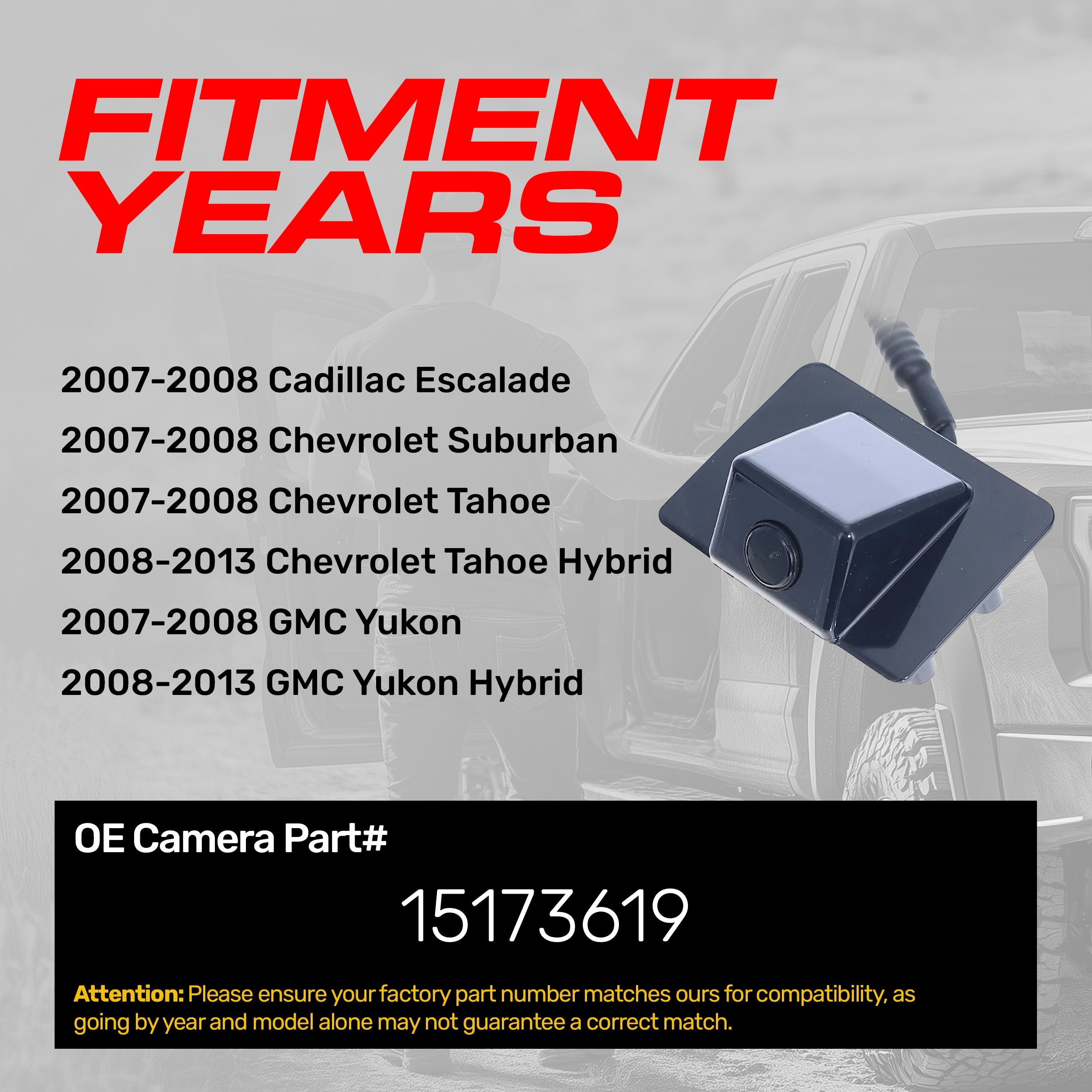 Cadillac Escalade (2007-2008) / Chevrolet Suburban/Tahoe (2007-2008), Tahoe Hybrid (2008-2013) / GMC Yukon (2007-2008), Yukon Hybrid (2008-2013) OEM Replacement Backup Camera OE Part # 15173619