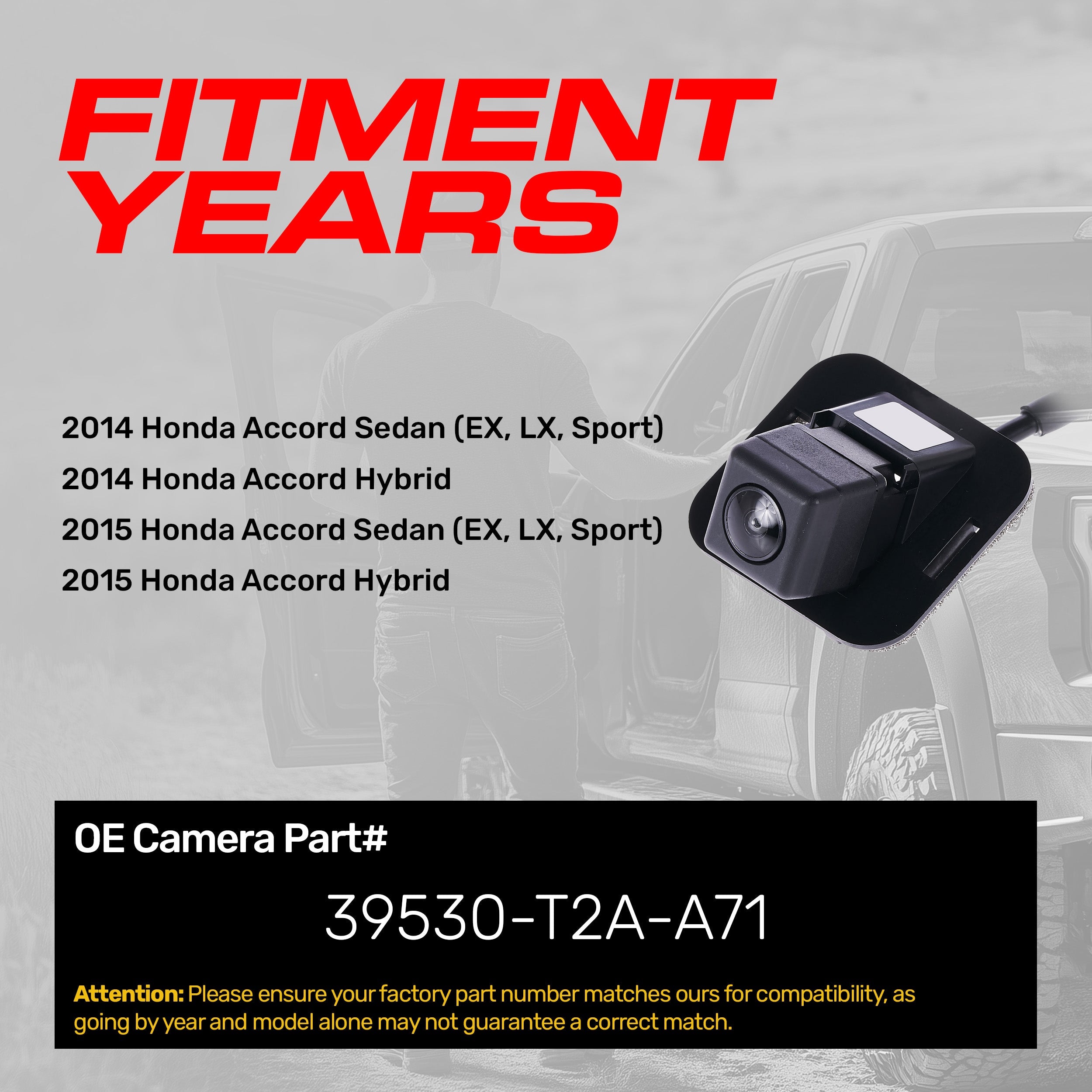 Honda Accord Sedan EX/LX/Sport Model (2014-2015), Accord Hybrid (2014-2015) OEM Replacement Backup Camera OE Part # 39530-T2A-A71