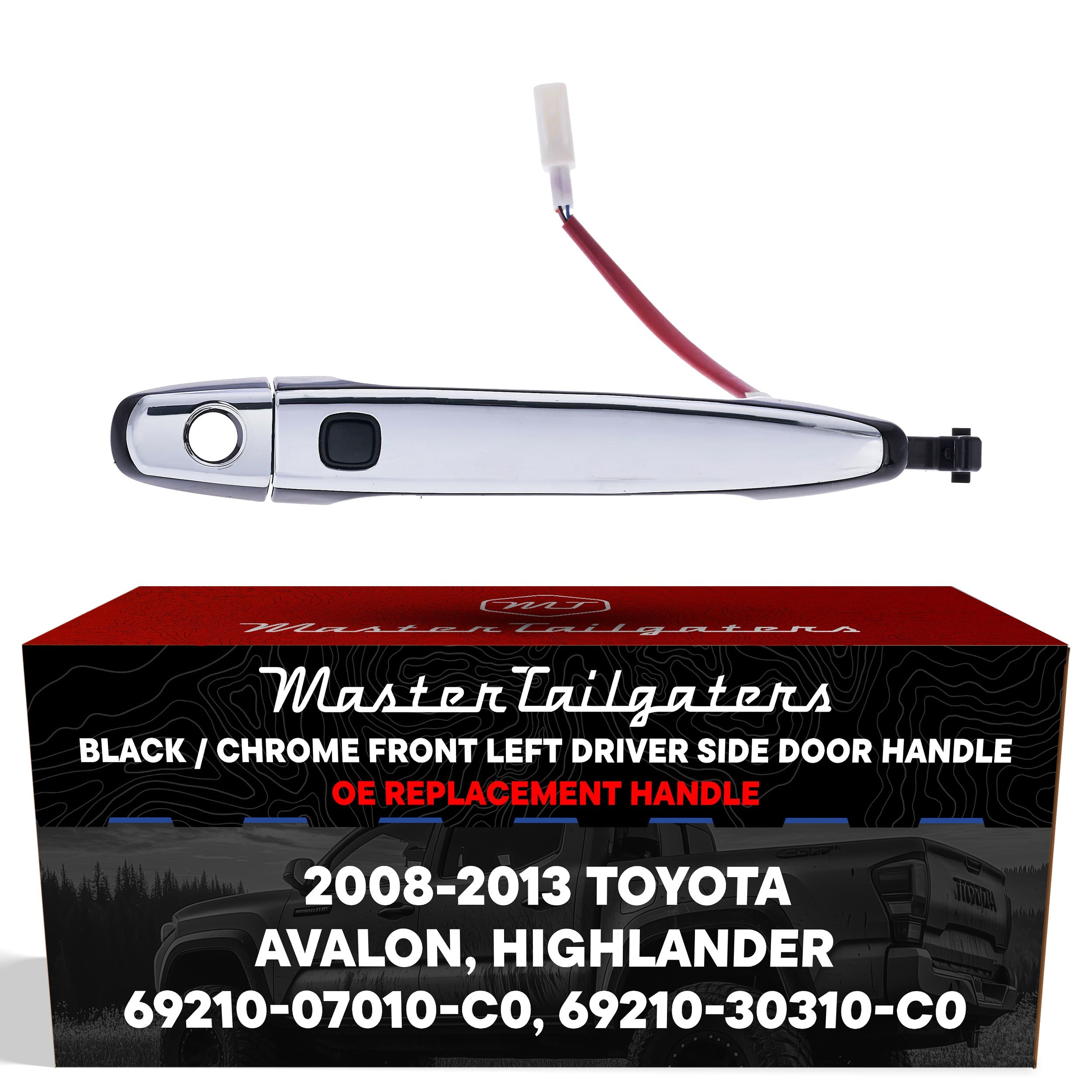 Exterior Door Handle Black/Chrome Replacement for Toyota Avalon (2008-2012), Highlander (2008-2013), Highlander Hybrid (2008-2013) OE Part # 69210-07010-C0, 69210-30310-C0 | Front Left Driver Side