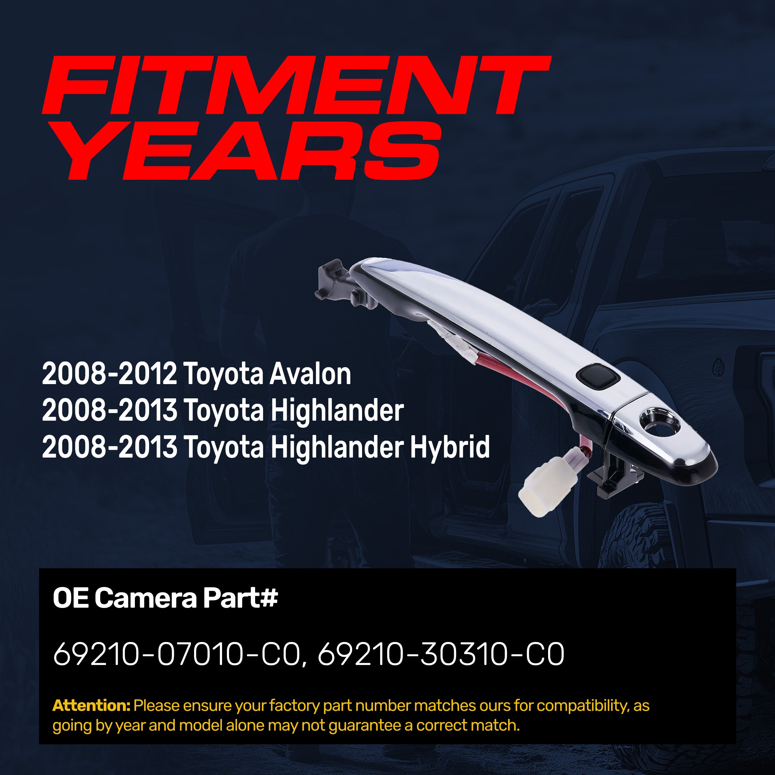 Exterior Door Handle Black/Chrome Replacement for Toyota Avalon (2008-2012), Highlander (2008-2013), Highlander Hybrid (2008-2013) OE Part # 69210-07010-C0, 69210-30310-C0 | Front Left Driver Side