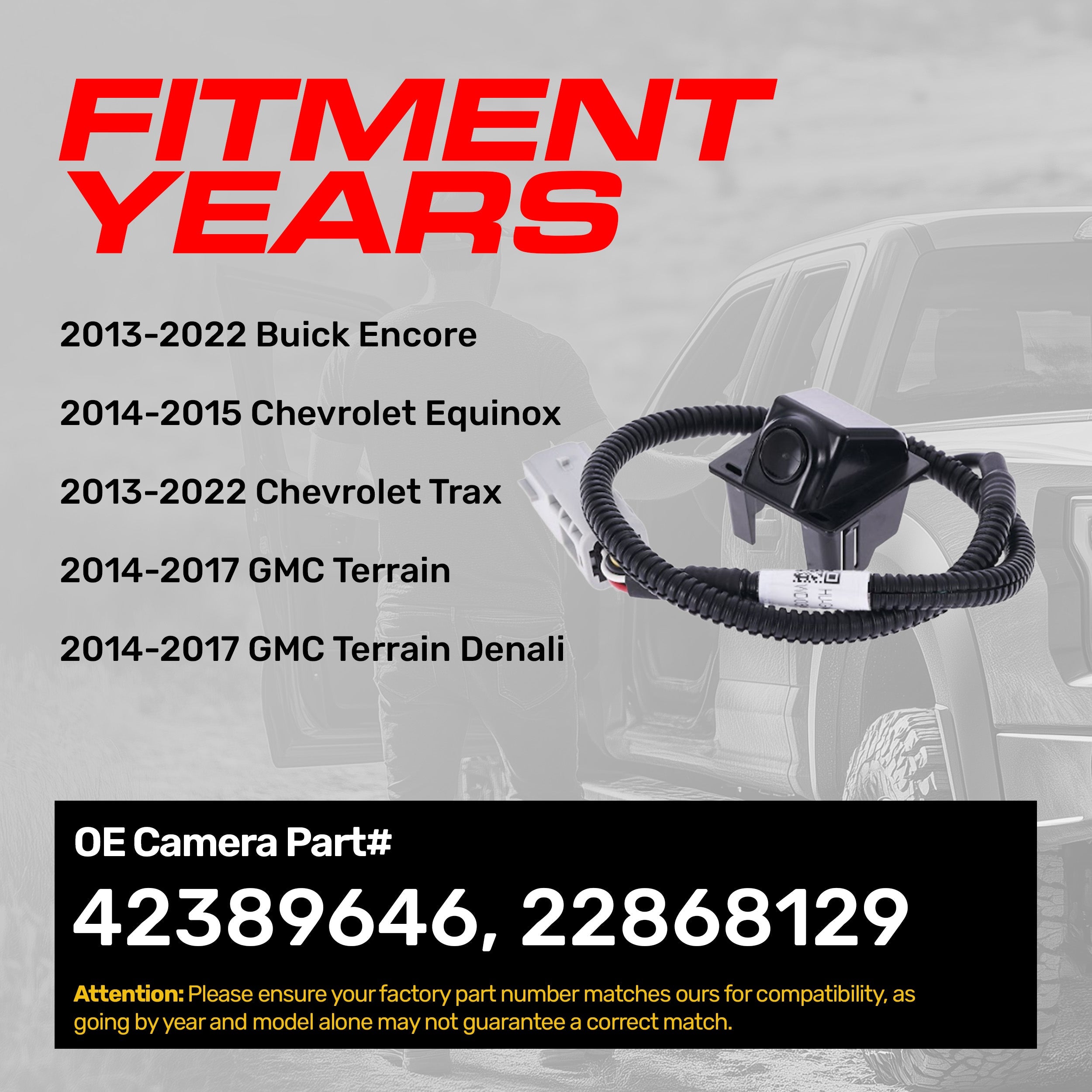 Buick Encore (2013-2022), Chevrolet Trax (2013-2022), Chevrolet Equinox (2014-2015), GMC Terrain/Terrain Denali (2014-2017) OEM Replacement Backup Camera OE Part # 22868129, 42389646