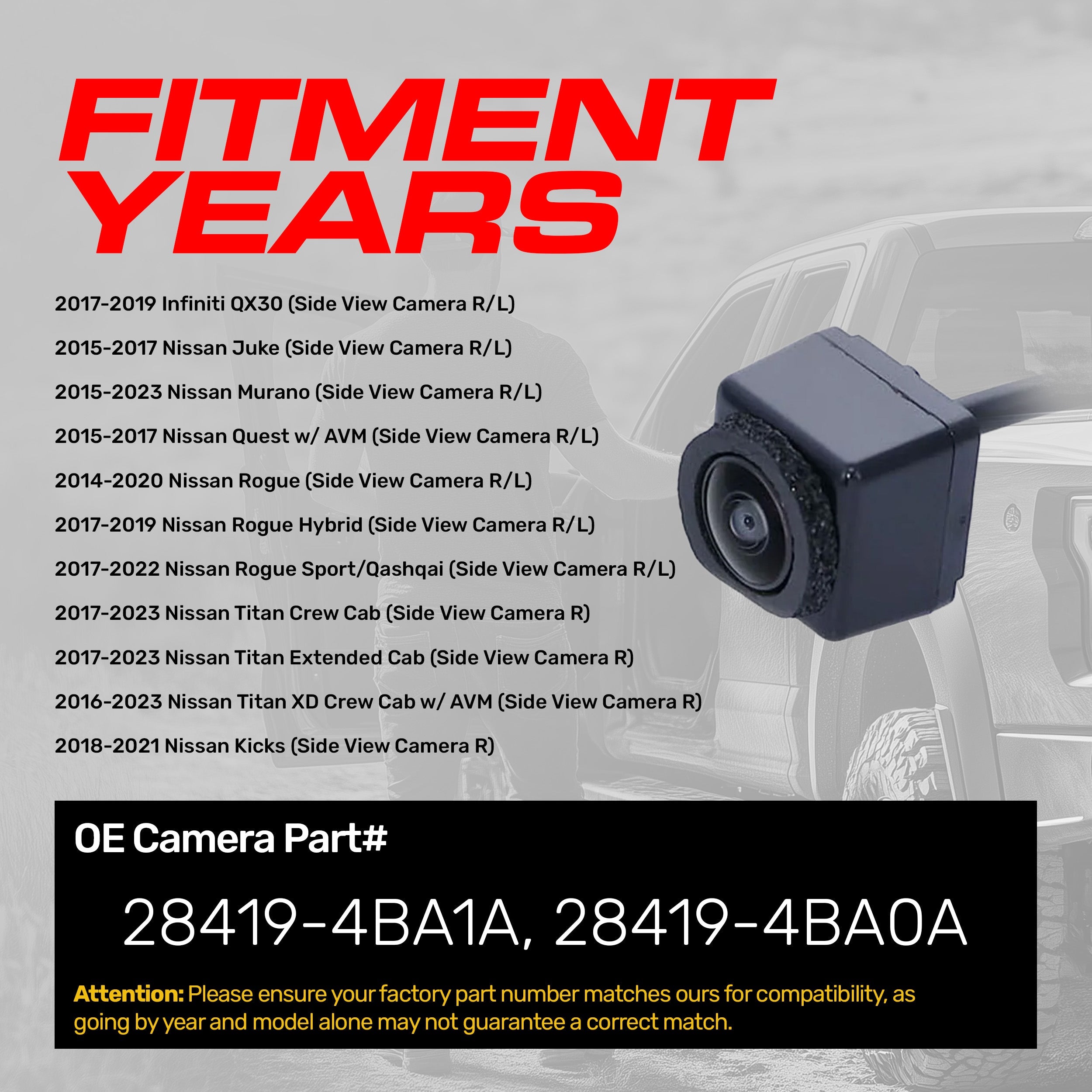 Infiniti QX30 (2017-2019) / Nissan Juke/Quest (2015-2017), Murano (2015-2023), Rogue (2014-2022), Titan (2016-2023), Kicks (2018-2021) Side View OEM Replacement Backup Camera OE Part # 28419-4BA1A