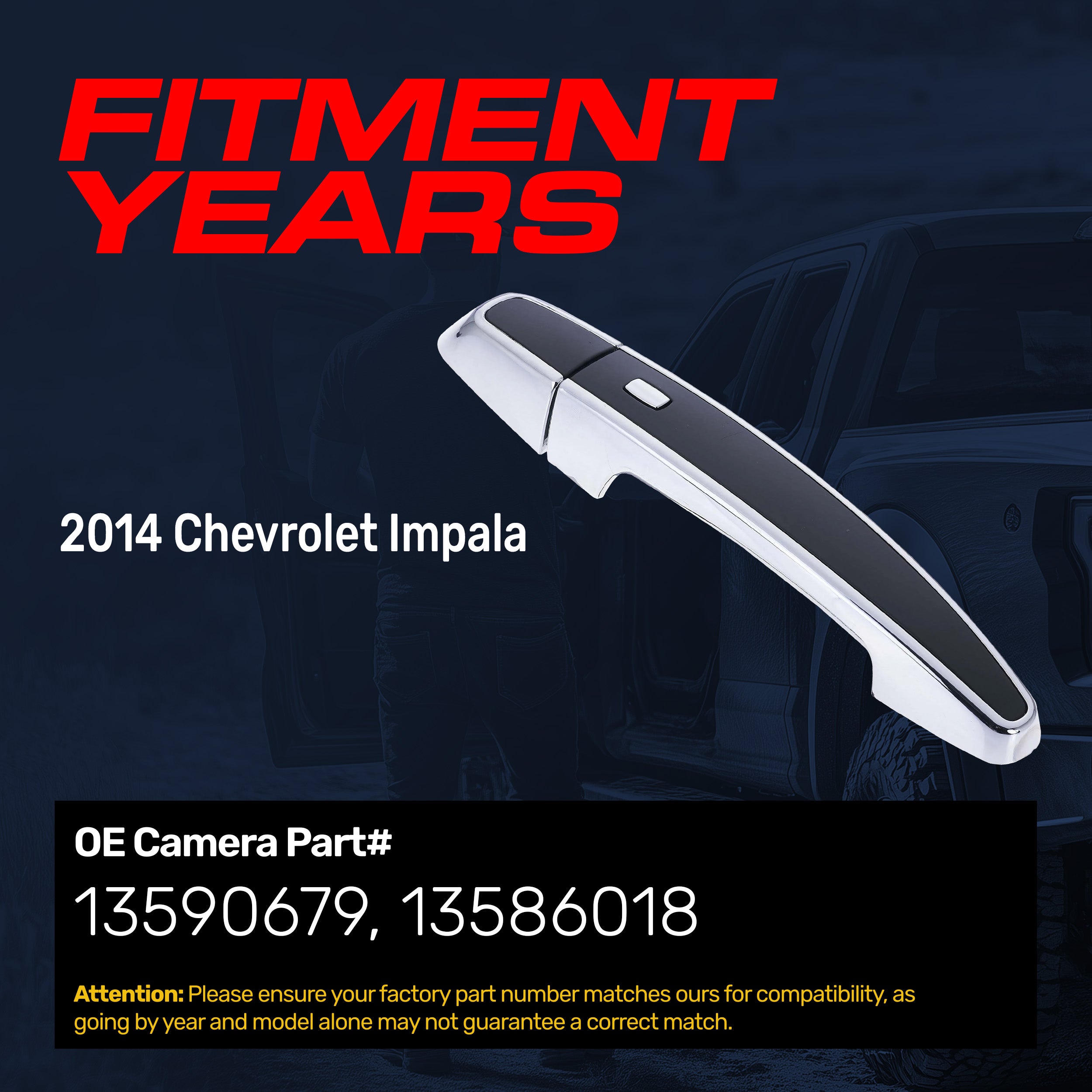 Exterior Door Handle Black/Chrome Replacement for Chevrolet Impala (2014) [LTZ Model, 4 Pin] | Front Right Passenger Side w/o Keyhole