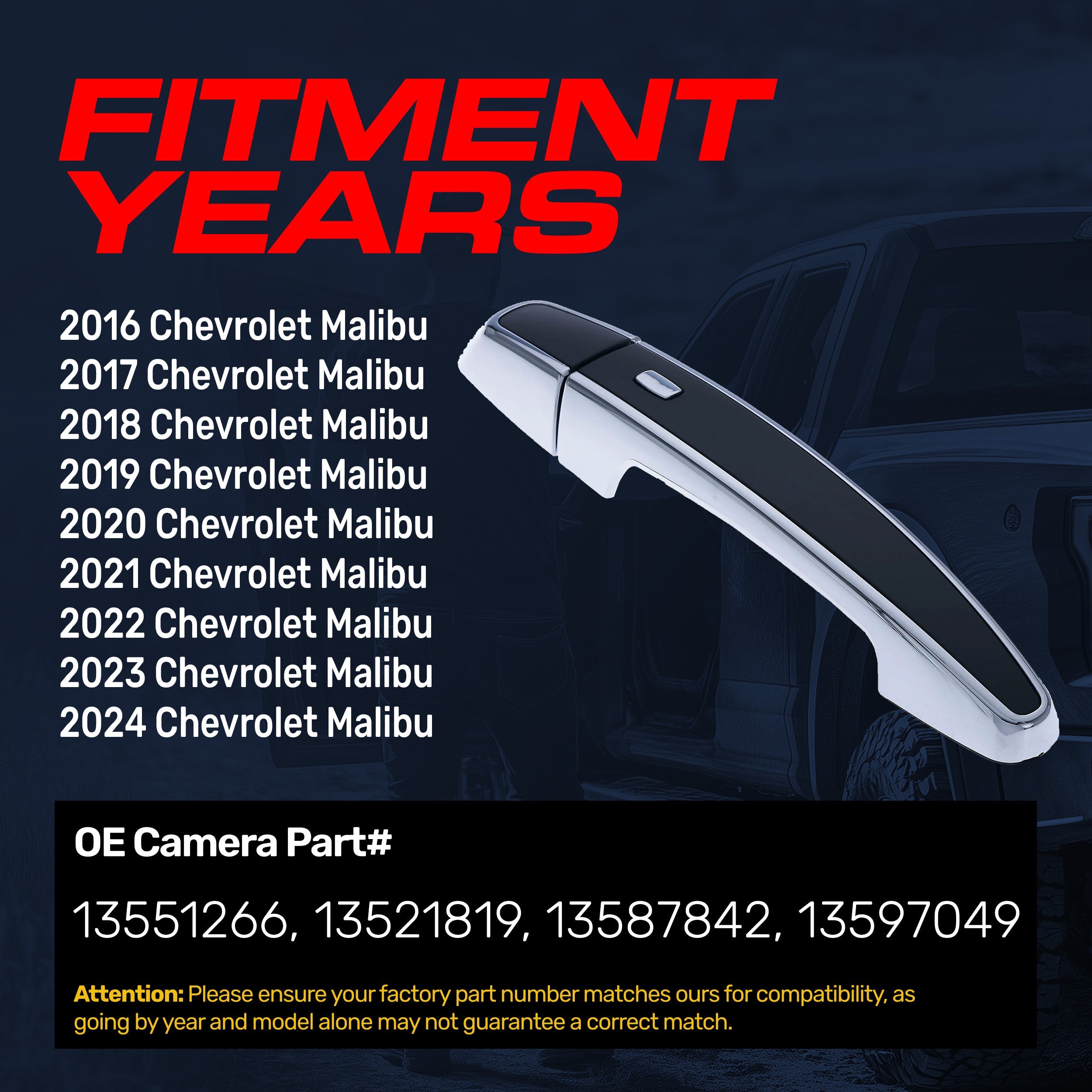 Exterior Door Handle Black/Chrome Replacement for Chevrolet Malibu (2016-2024) | Front Left Driver Side w/o Keyhole