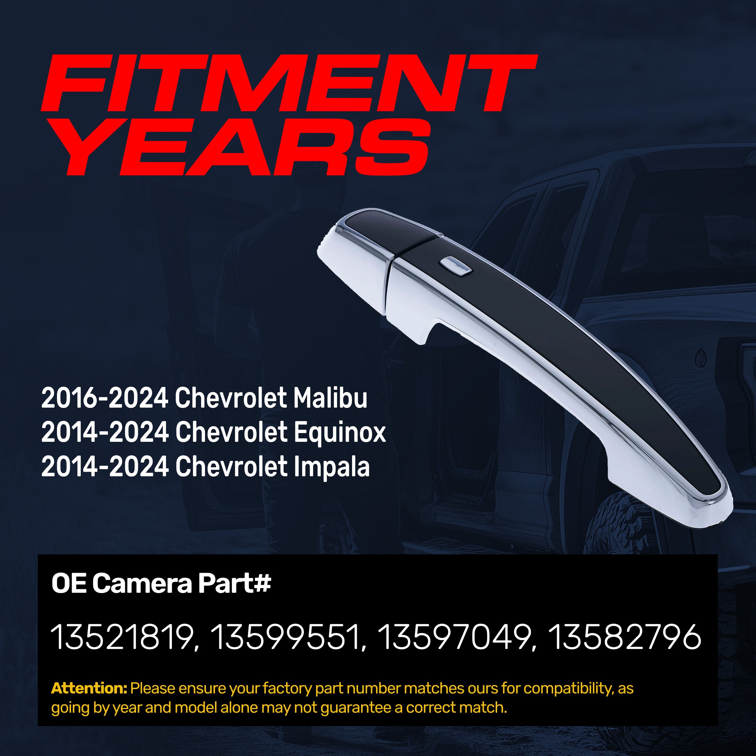 Exterior Door Handle Black/Chrome Replacement for Chevrolet Malibu (16-24), Equinox (14-24), Impala (14-24) OE Part # 13521819, 13599551, 13597049, 13582796 | Front Right Passenger Side w/o Keyhole