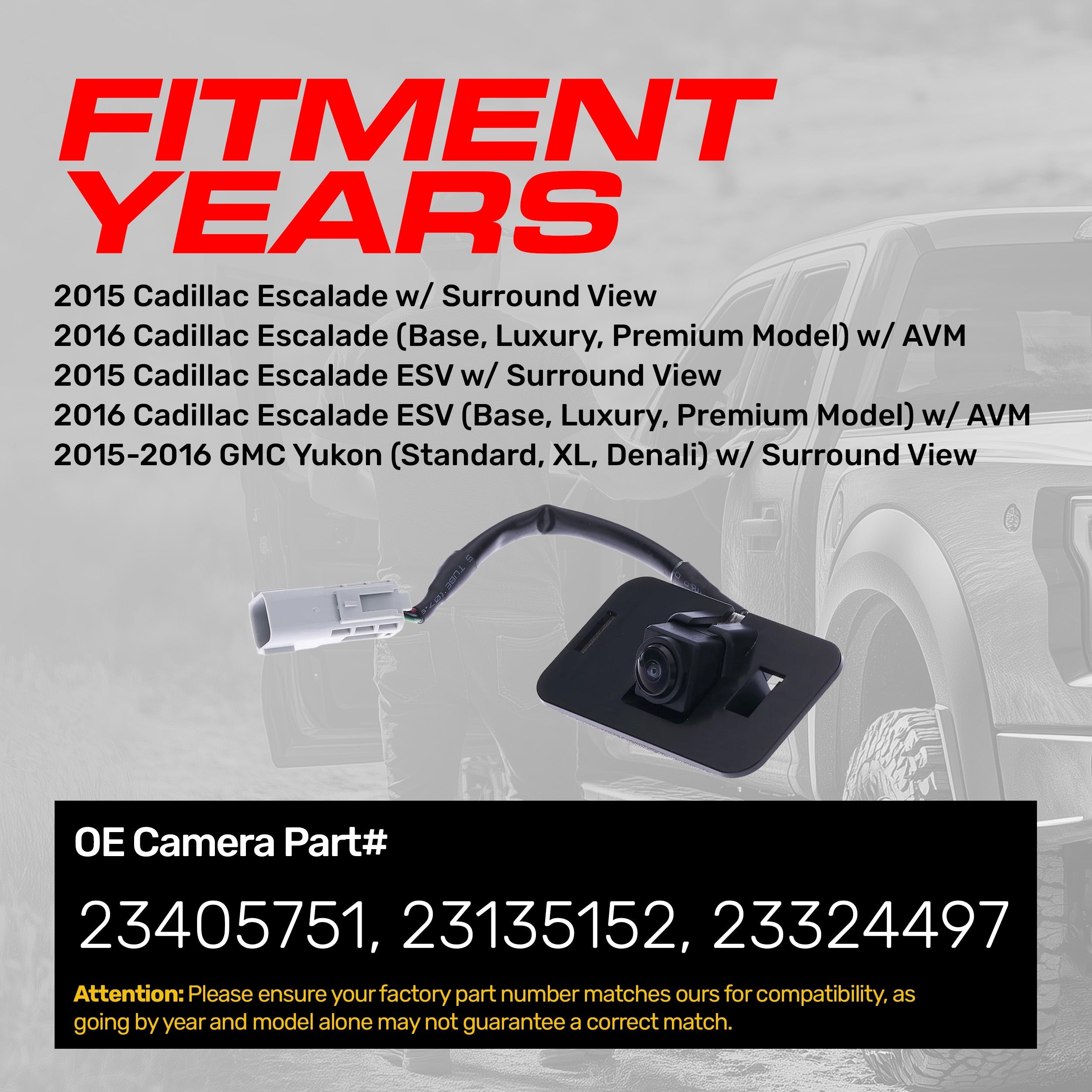 Cadillac Escalade/ESV w/ Surround View (2015), Escalade/ESV w/ AVM (2016) / GMC Yukon/XL/Denali w/ Surround View (2015-2016) OEM Replacement Backup Camera OE Part # 23405751, 23135152, 23324497