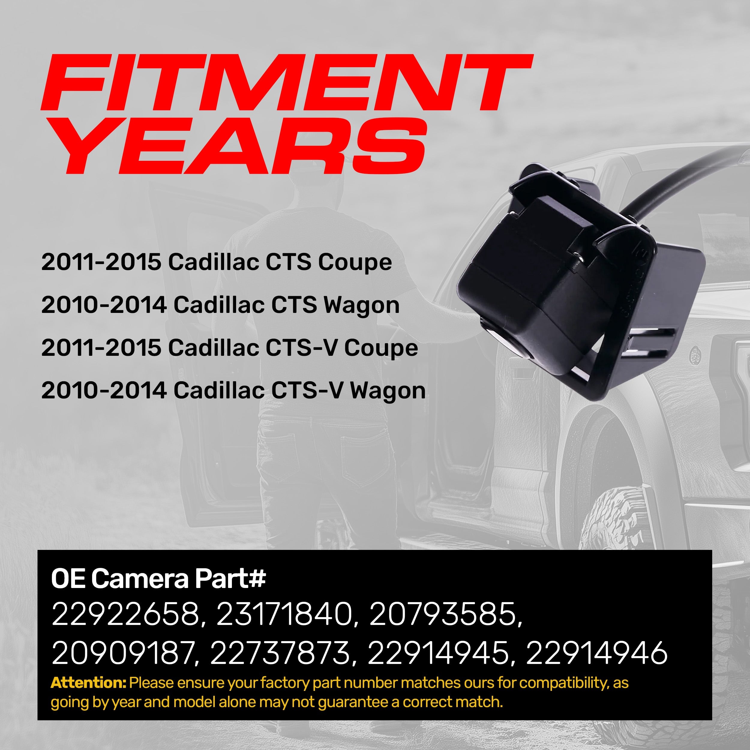 Cadillac CTS/CTS-V Coupe (2011-2015), CTS/CTS-V Wagon (2010-2014) OEM Replacement Backup Camera OE Part # 22922658, 23171840, 20793585, 20909187, 22737873, 22914945, 22914946