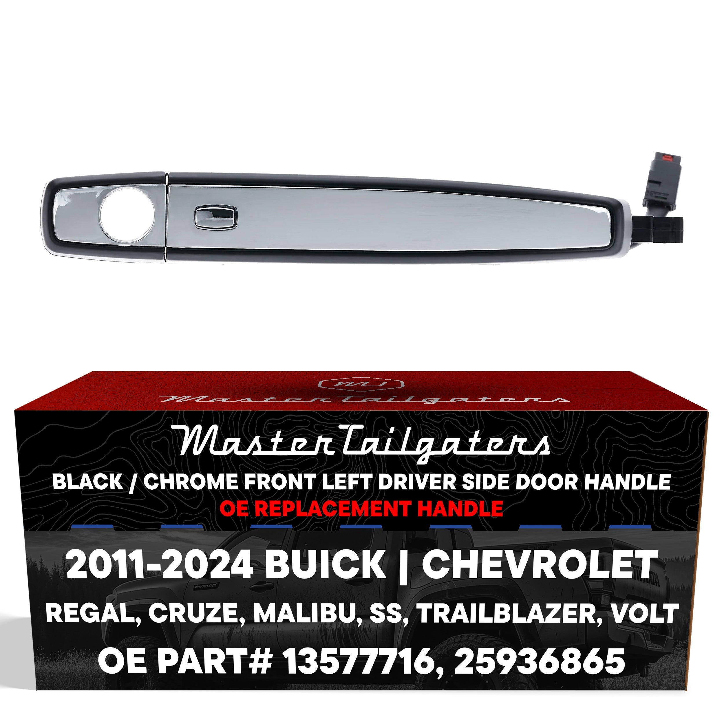Exterior Door Handle Black/Chrome Replacement for Buick Regal (12-15) / Chevrolet Cruze/Volt (11-15), Malibu (13-16), SS (14-16), Trailblazer (13-24) OE # 13577716, 25936865 | Front Left Driver Side