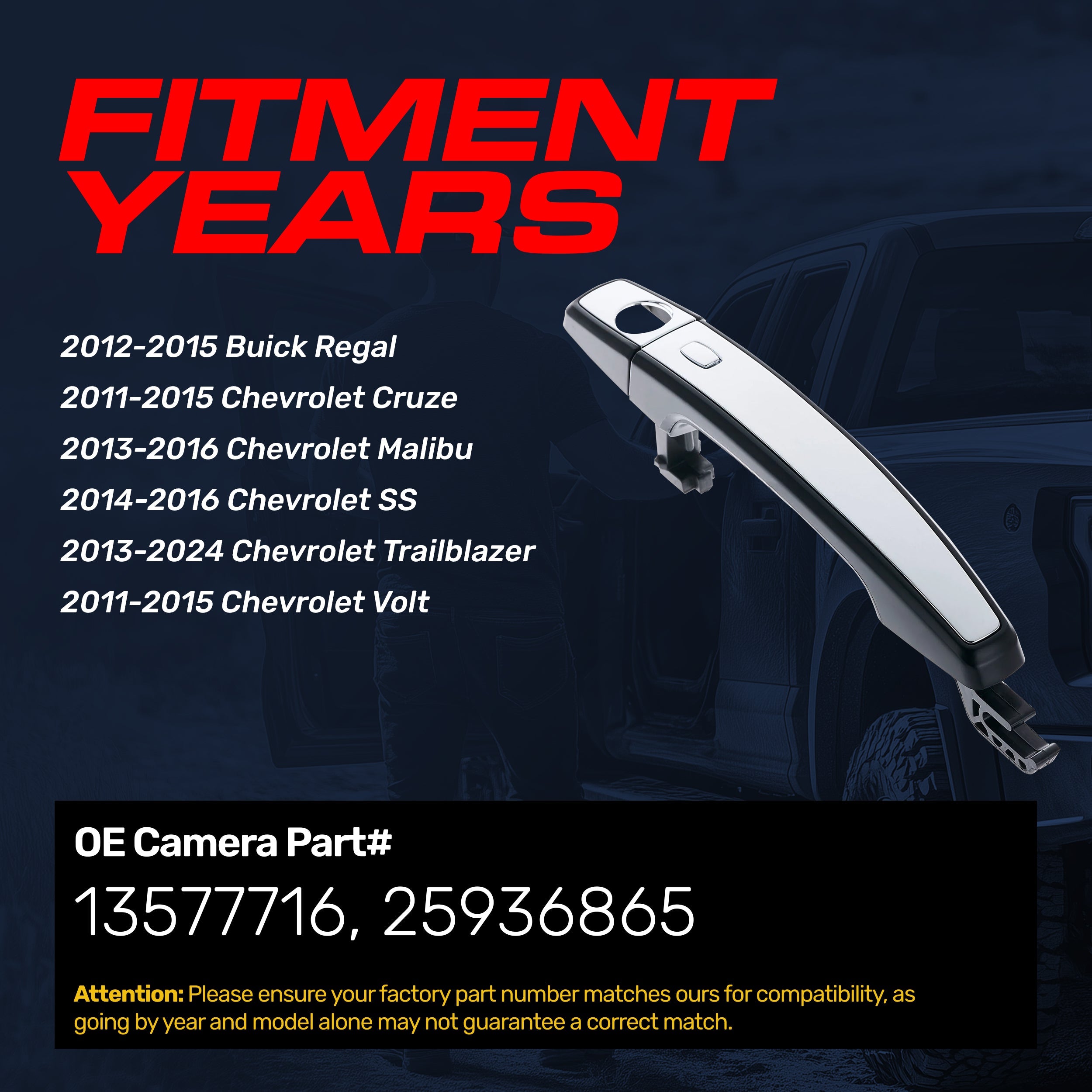 Exterior Door Handle Black/Chrome Replacement for Buick Regal (12-15) / Chevrolet Cruze/Volt (11-15), Malibu (13-16), SS (14-16), Trailblazer (13-24) OE # 13577716, 25936865 | Front Left Driver Side