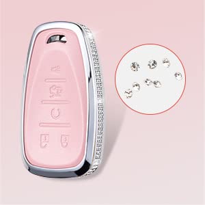 Ruabiban For Chevy Key Fob Cover With Keychain, Pink Leather Key Case Protection Shell Fit For Chevrolet Equinox Malibu Cruze Ca