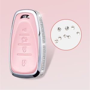 Ruabiban For Chevy Chevrolet Key Fob Cover With Keychain, Pink Leather Key Case Protection Shell Fit For Equinox Malibu Cruze Ca