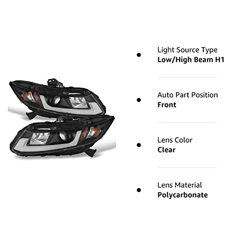 ACANII LED DRL Tube Projector Headlights for 2012-2015 Honda Civic Sedan & Coupe, Black, Driver & Passenger Side
