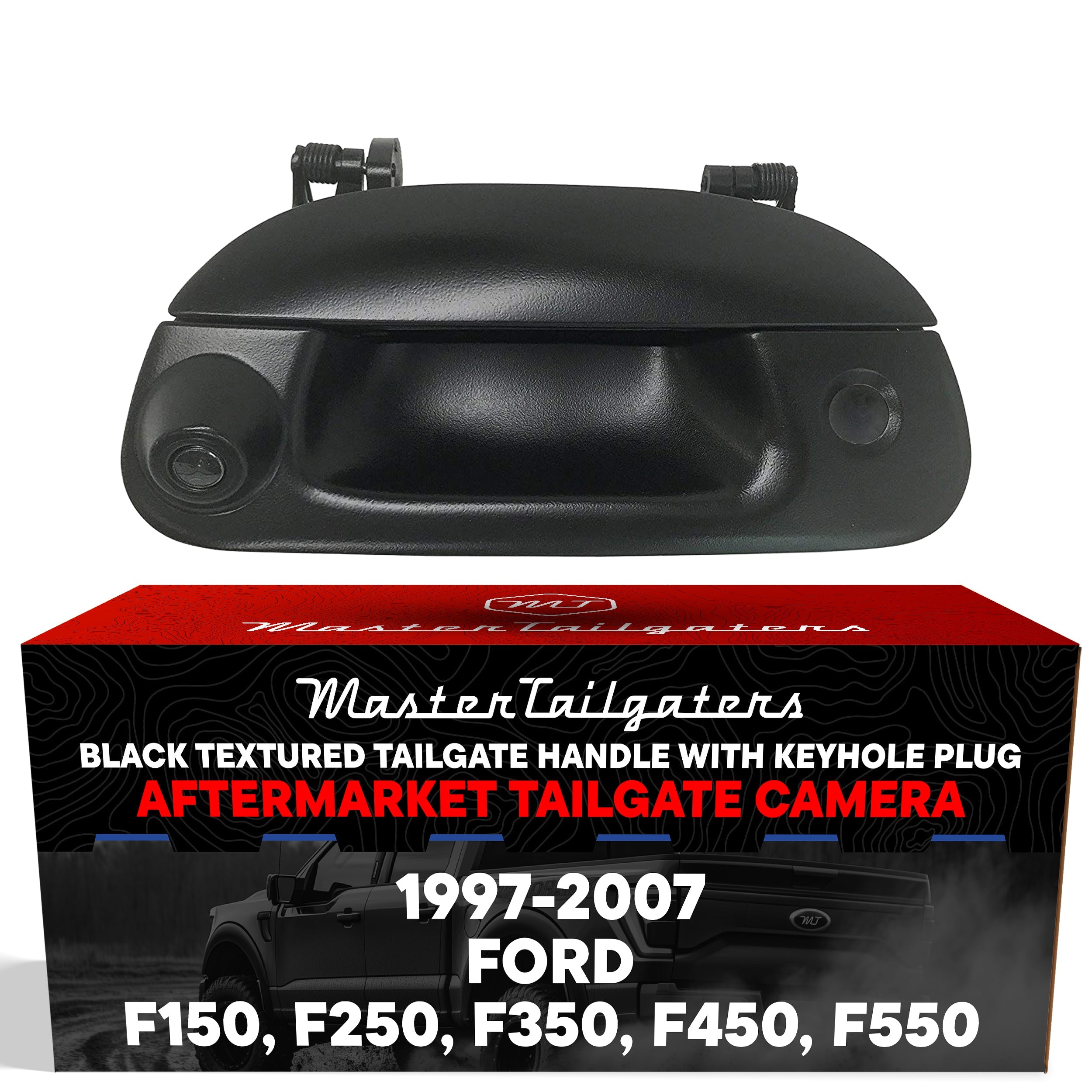 Ford F150 (1997-2004), F250/F350/F450/F550 (1999-2007) Black Replacement Tailgate Handle with Backup Camera (with Key Hole Plug)