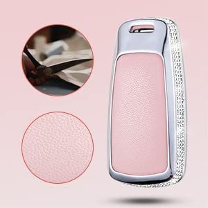 Ruabiban Compatible With Audi Key Fob Cover With Keychain, Pink Genuine Leather Crystal Key Case Protection Shell For A4 Q7 Q5 T