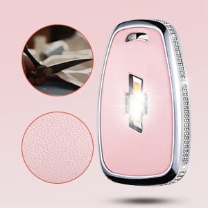 Ruabiban For Chevy Key Fob Cover With Keychain, Pink Leather Key Case Protection Shell Fit For Chevrolet Equinox Malibu Cruze Ca