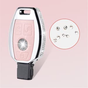 Ruabiban Compatible With Mercedes Benz Key Fob Cover With Keychain, Pink Genuine Leather Crystal Key Case Protection Shell Fit F