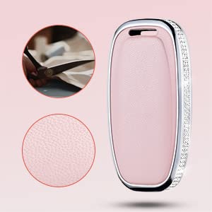 RUABIBAN Audi Key Fob Cover, Pink Genuine Leather with Crystals, Fits A4 A5 A6 A7 A8 Q5 Q7 S3 S4 S5 S6 S