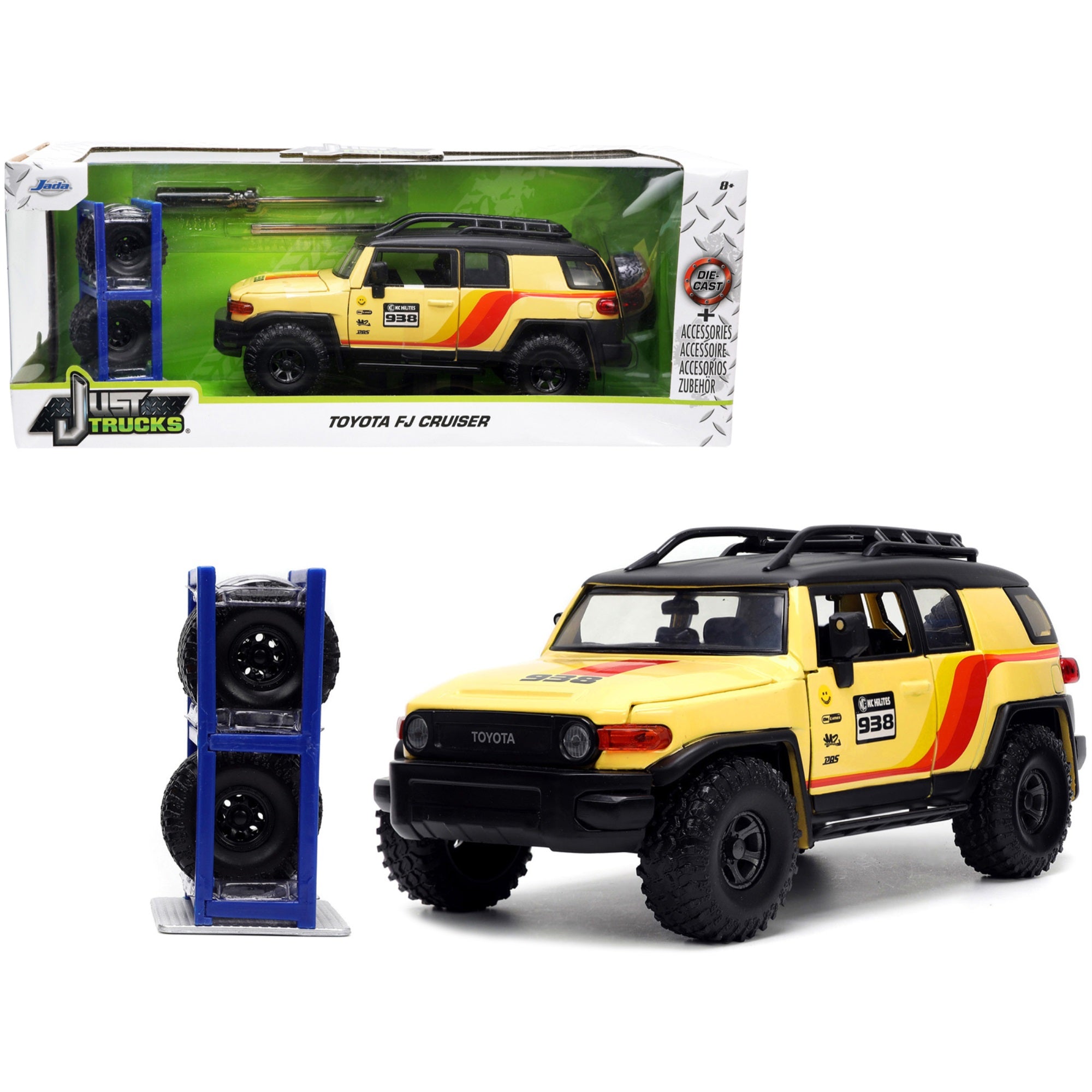 Toyota Fj Cruiser #938 Cream With Matt Black Top With Roof Rack And Stripes ''Kc Hilites'' With Extra Wheels ''Just Trucks'' Ser