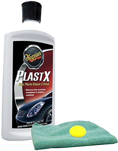Meguiars PlastX Clear Plastic Cleaner & Polish (10 oz) Bundle with Microfiber Cloth & Foam Pad (3 Items)