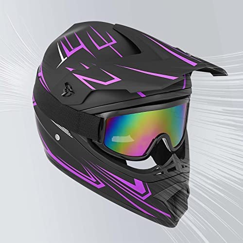 Yesmotor Youth Kids Full Face Motocross Helmet - DOT Approved, Large, Purple, Includes Gloves, Goggles, Mask, ATV, BMX, Dirt Bike