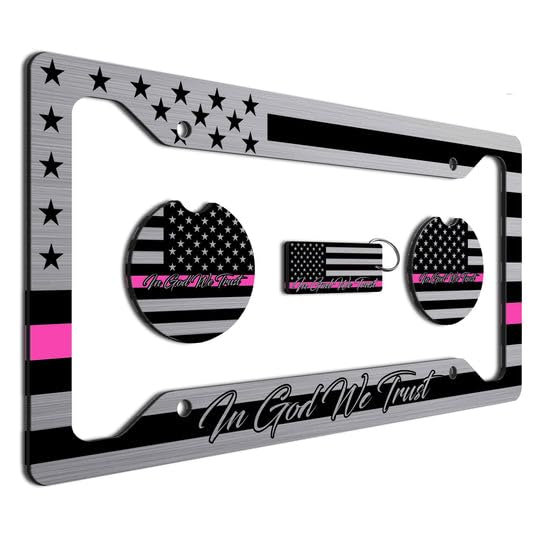 American Flag In God We Trust License Plate Frame + Pink Line Coasters + Keychain - Perfect For God And Country Lovers - Tactica