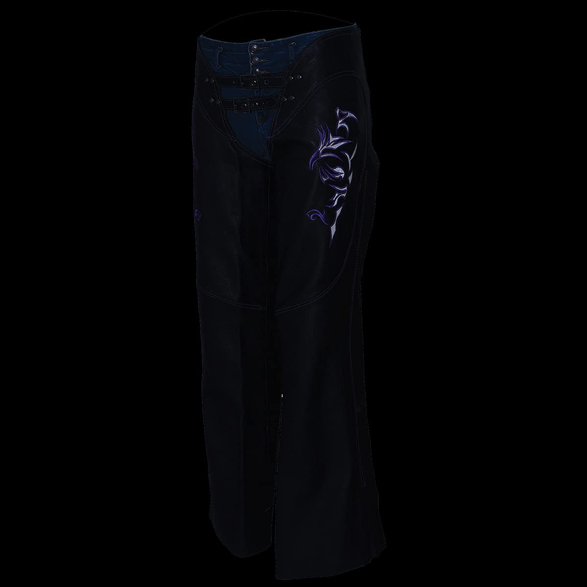Milwaukee Leather Chaps for Women Black and Purple Low-Rise Waist- Double Buckle Reflective Embroidery Motorcycle Chap- ML1187-3