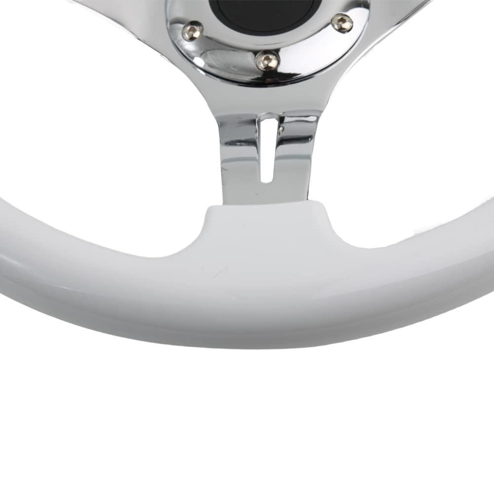 Classic White Car Racing Steering Wheel Chrome Silver Spokes 350mm 14'' Sports Wood Steering Wheel 6-Holes Deep Dish With Horn B