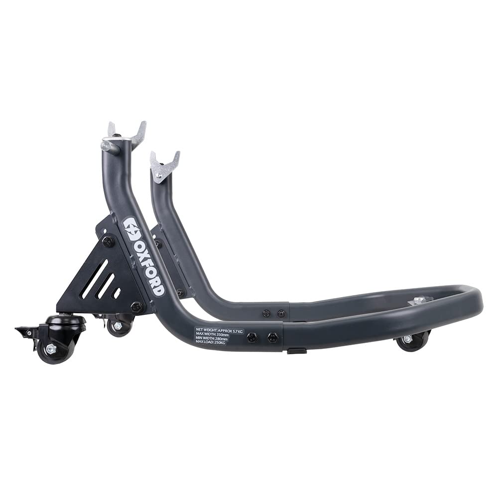 Oxford Rear Dolly Paddock Stand - Steel Motorcycle Workshop Equipment with Casters, Grey, Model OX296