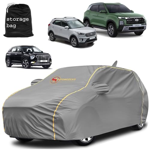 Automozexo Hyundai Creta Cover 2015 To 2024 Waterproof Dustproof Uvray With Mirror & Antena Pocket, Triple Strap Stitched, Full