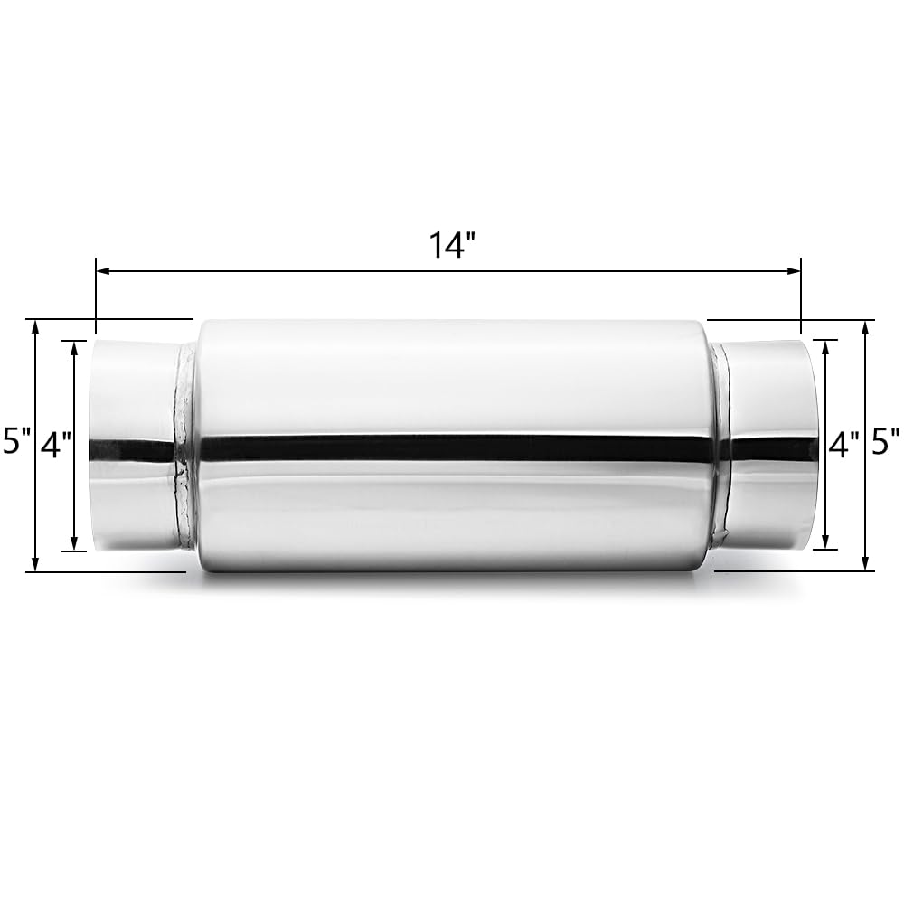 LCGP 4" Inlet Universal Resonator Muffler, 4" Outlet, 13.77" Length, Stainless Steel, Polished Finish