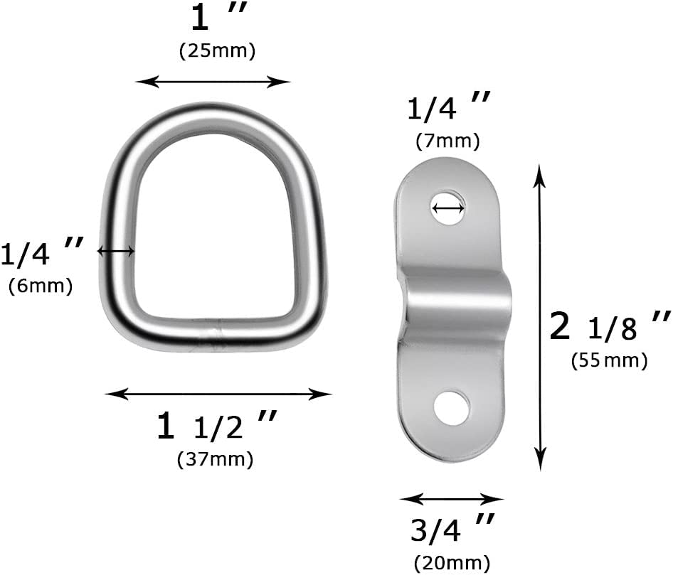 D-Ring Tie Down Anchor, Stainless Steel Cargo Tie Rings for Truck Bed Kayak Canoe Boat Bike Tie Downs (6)