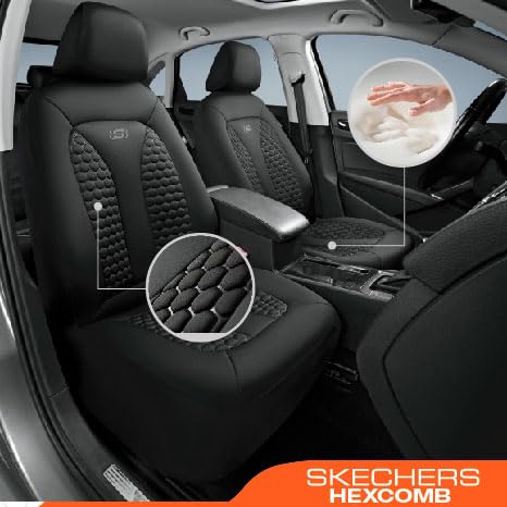 Skechers Memory Foam Car Seat Covers, Hexcomb Breathable Thick Seat Covers Black Two Front Seat Covers, Airbag Compatible, Autom