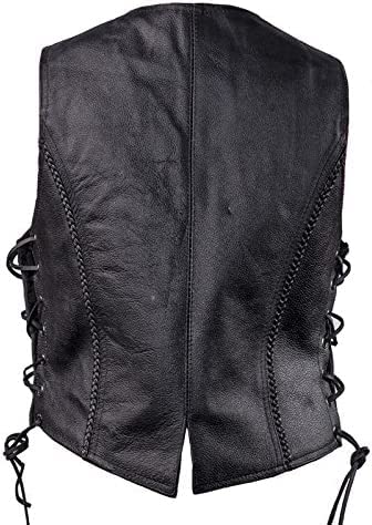 Womens Black Leather Motorcycle Vest With Braid On Front And Back Side Laces (As1, Alpha, X_L, Regular, Regular)