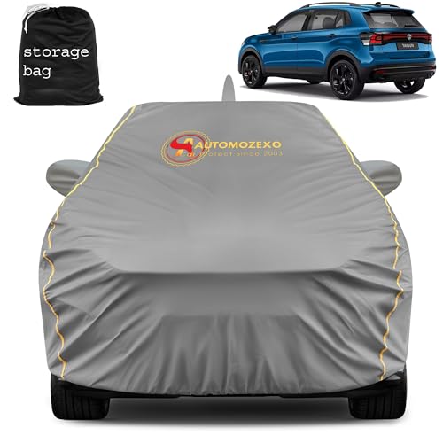 Automozexo Volkswagn Taigun Car Cover With Mirror & Antena Pocket Waterproof Inner Cotton Layer Adjustable Belt Bottom Elastic T