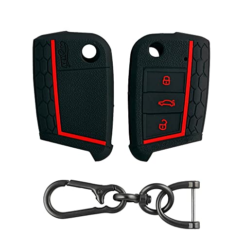 Keycare Silicone Key Cover & Keychain Compatible For Volkswagen Virtus, Tiguan, Taigun, Jetta, Troc 3 Button Flip Key (Black Wi