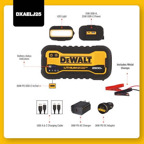 DEWALT DXAELJ25 Portable Lithium Jump Starter, 2500 Peak Amp, 25W Type C, 15W Type A, 60W Type C in/Out