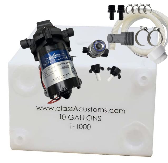 Class A Customs 10 Gallon RV Fresh Water Tank with Plumbing Kit & 12V Pump - White Plastic