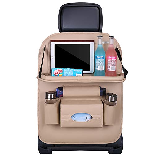 ASENDIWAY Premium PU Leather Backseat Seat Organizer with Foldable Table, Multi-Storage Pockets and Adjustable Buckle Strap - Be
