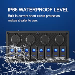 Marine Switch Panel,8 Gang Waterproof Rocker Switch Panel,Multi Function Dual USB Slot Socket with Digital Voltmeter,12-24V Pre-