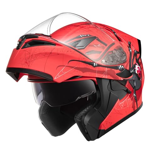 Kypara Motorcycle Dual Visor Flip Up Modular Full Face Helmet With Dot Certification Of Impressionism (Red Spider, L)