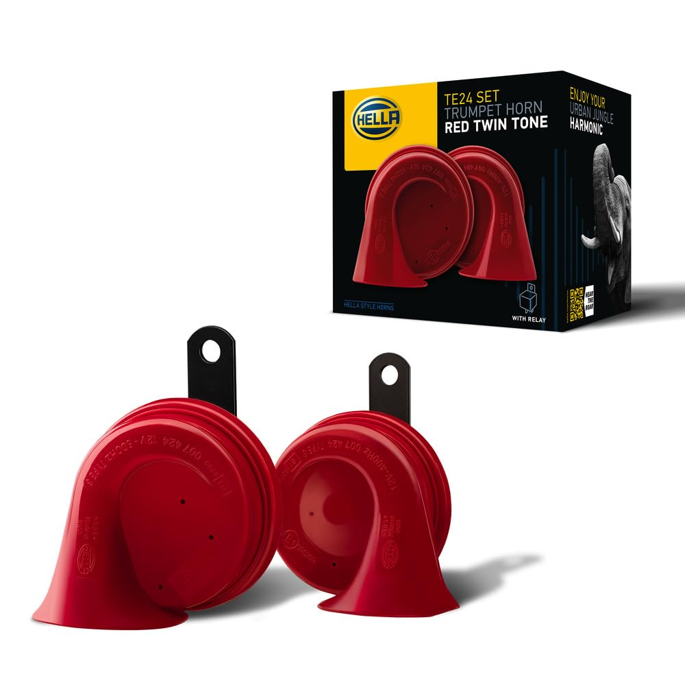 Hella 007424801 Twin Trumpet High/Low Tone 12V Horn Kit With Bracket, Red