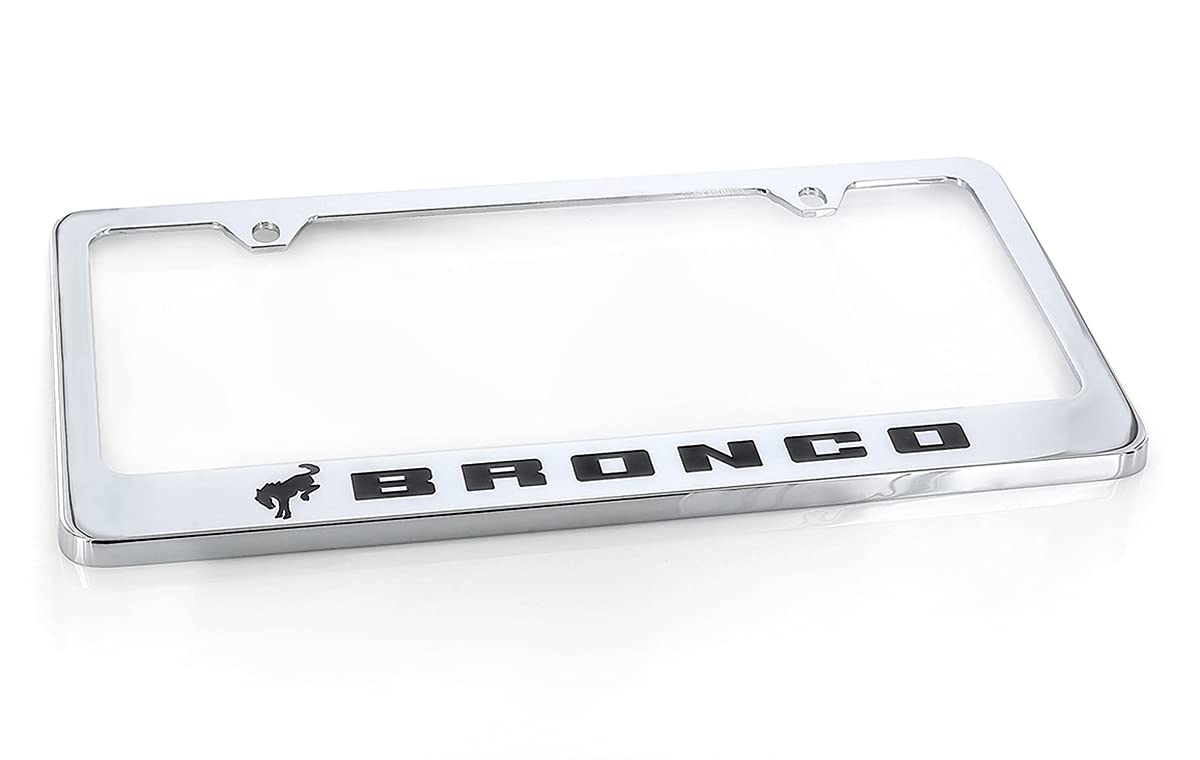 Ford Bronco Metal License Plate Frame Tag Holder - Chrome With Black