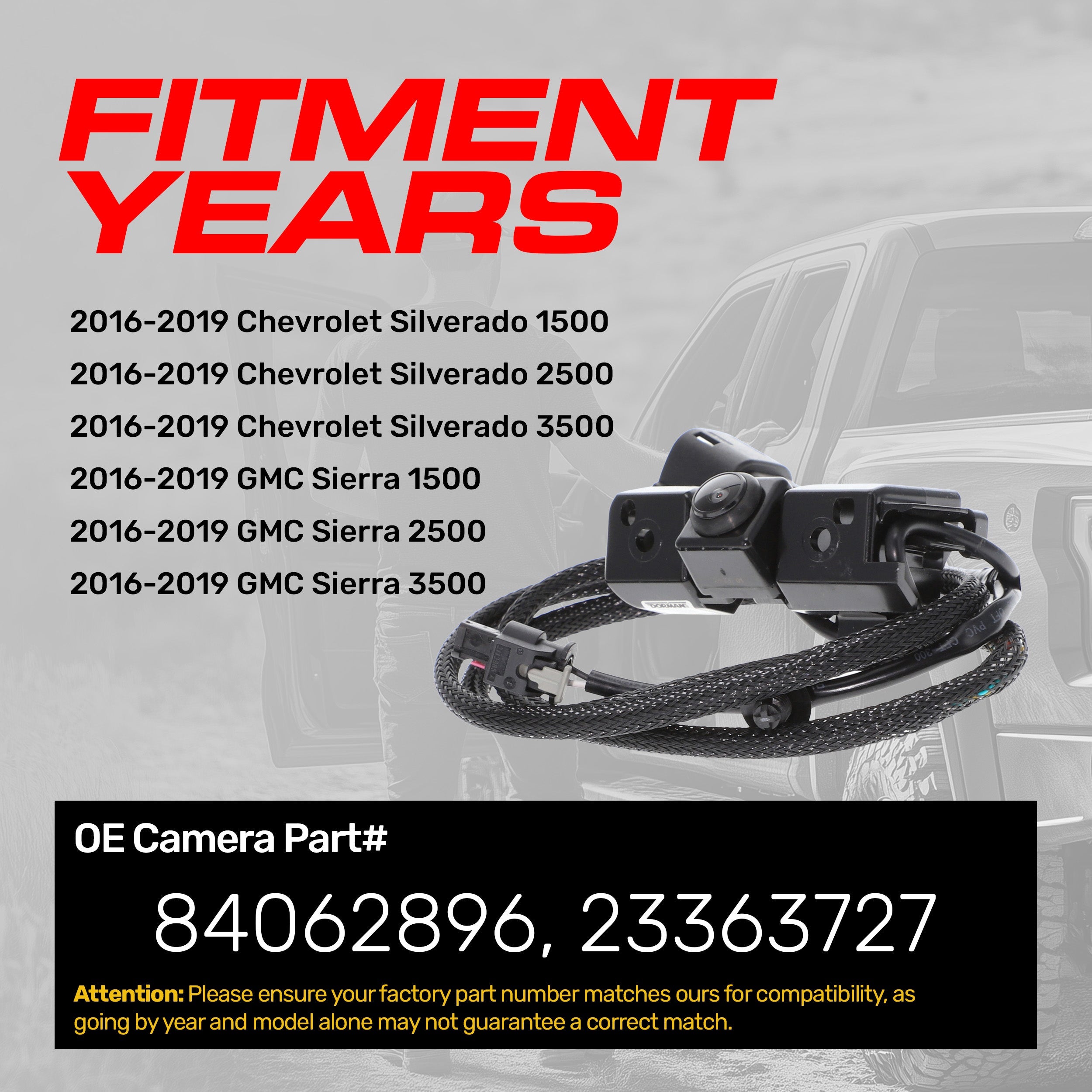 Chevrolet Silverado / GMC Sierra 1500, 2500, 3500 w/ Remote Tailgate (2016-2019) OEM Replacement Backup Camera OE Part # 84062896, 23363727