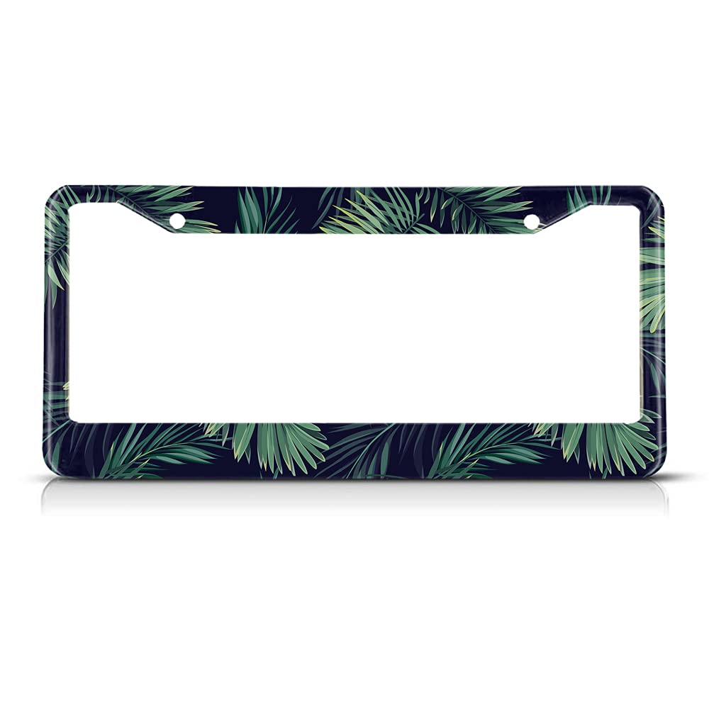 Beabes Dark Tropical Leaves License Plate Frame Auto Tag Frames Green Palm Tree License Plates Holder 2 Holes Leaf Hawaii Decorative Car Truck Motorcycle License Plates Cover Tag For Men Women