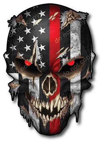 Decals By Haley Thin Red Line Firefighter Skull Decal Sticker With Reflective Red Eyes For Cars Trucks Window Windshield Graphic