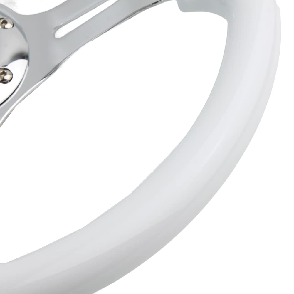 Classic White Car Racing Steering Wheel Chrome Silver Spokes 350mm 14'' Sports Wood Steering Wheel 6-Holes Deep Dish With Horn B