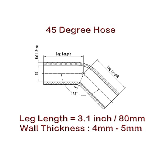 Autobahn88 Automotive Silicone Hose Bend, 45-Deg Elbow Coupler, ID=3.5'' (89mm), Leg Length 3.13'' (80mm), Wall Thickness= 0.2''