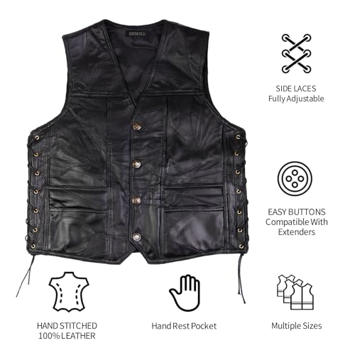 Xinmall Motorcycle Genuine Leather Biker Vest For Men Club Style Classic Black (As1, Alpha, Jaspo_L, Large)